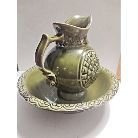 Vintage McCoy Pottery USA Green Basin Bowl & Thanksgiving Turkey Pitcher 1960's - Picture 3 of 14